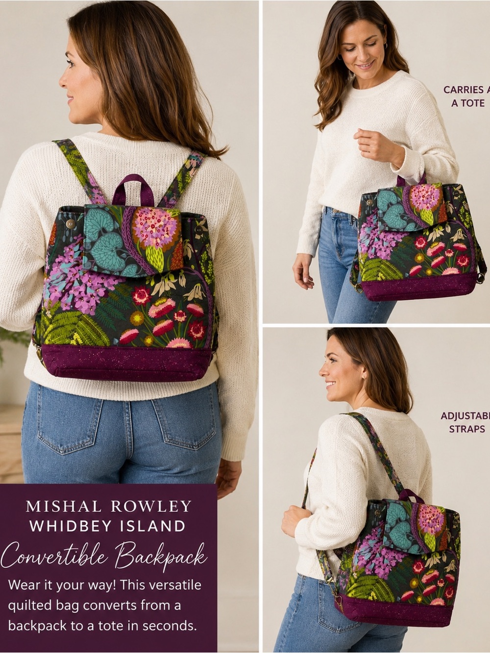 Mishal Rowley Whidbey Island Floral Quilted Convertible Backpack Bag